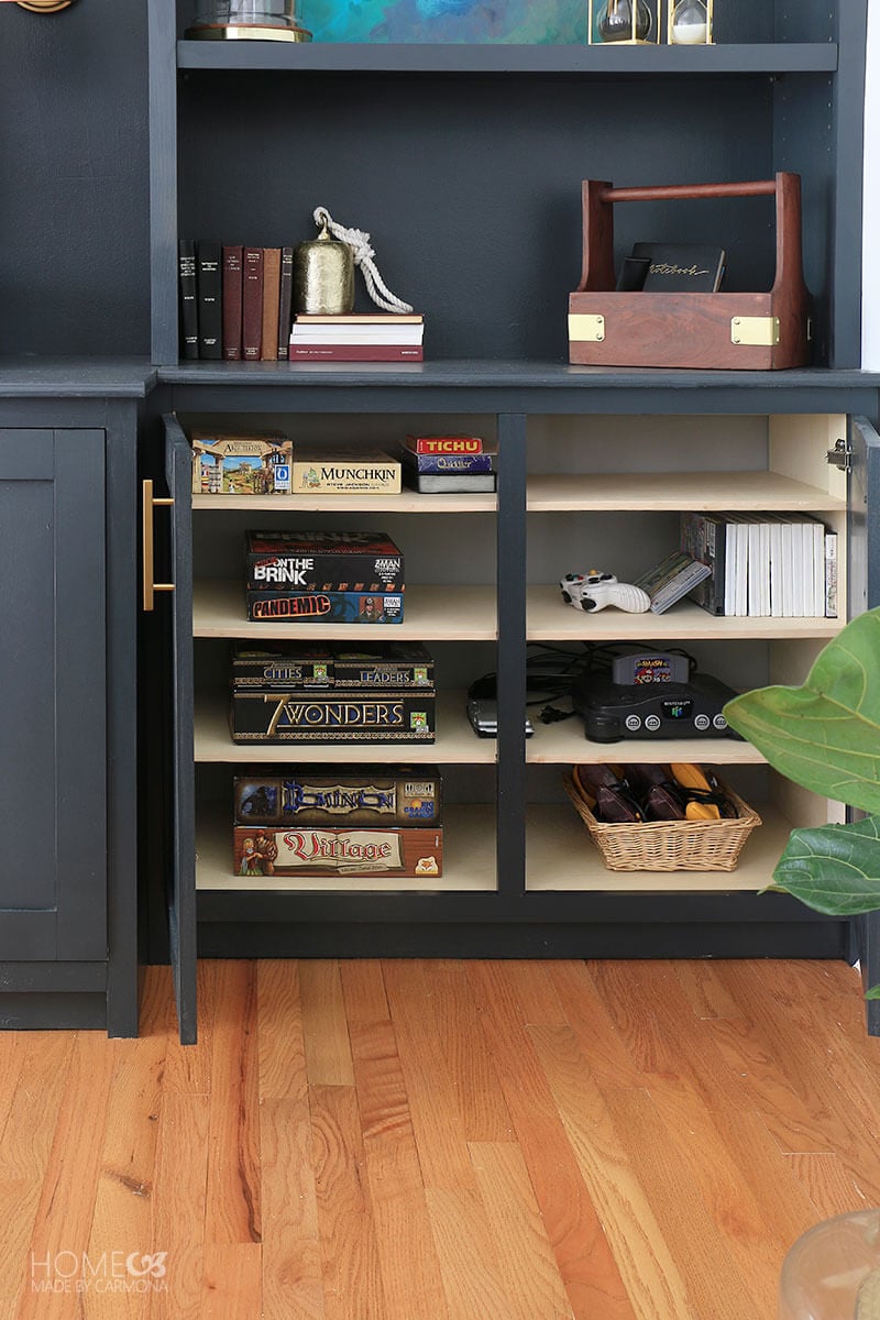 game room storage in basement