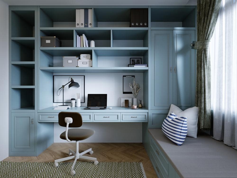 amazing custom desk and built-ins in basement home office