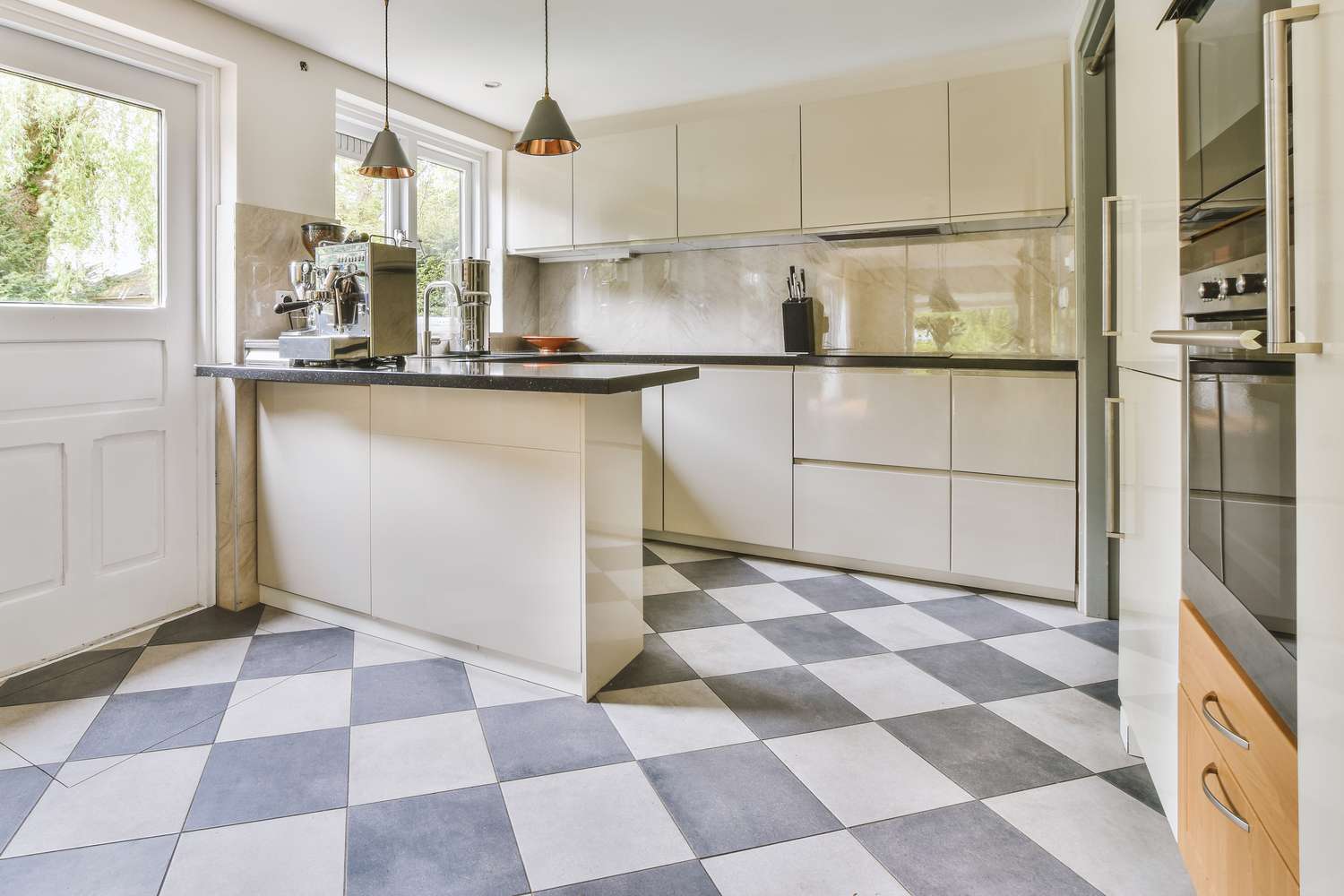 a classic checkered tile kitchen floor