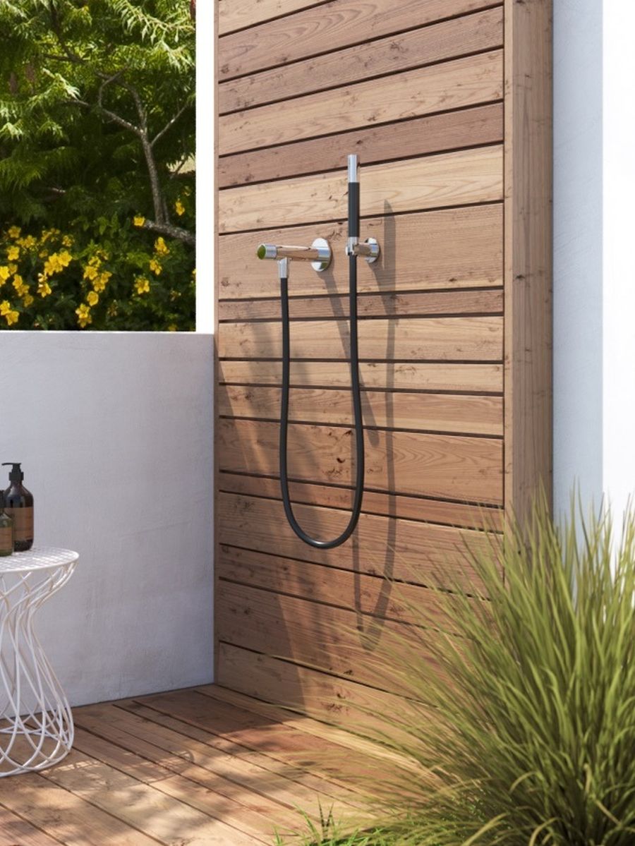 outdoor shower with cedar feature wall