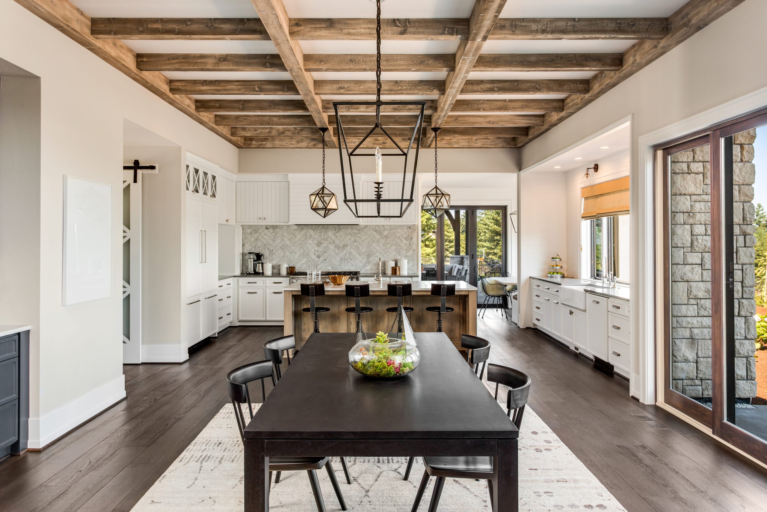 reclaimed beams on raised ceiling in Suffolk County