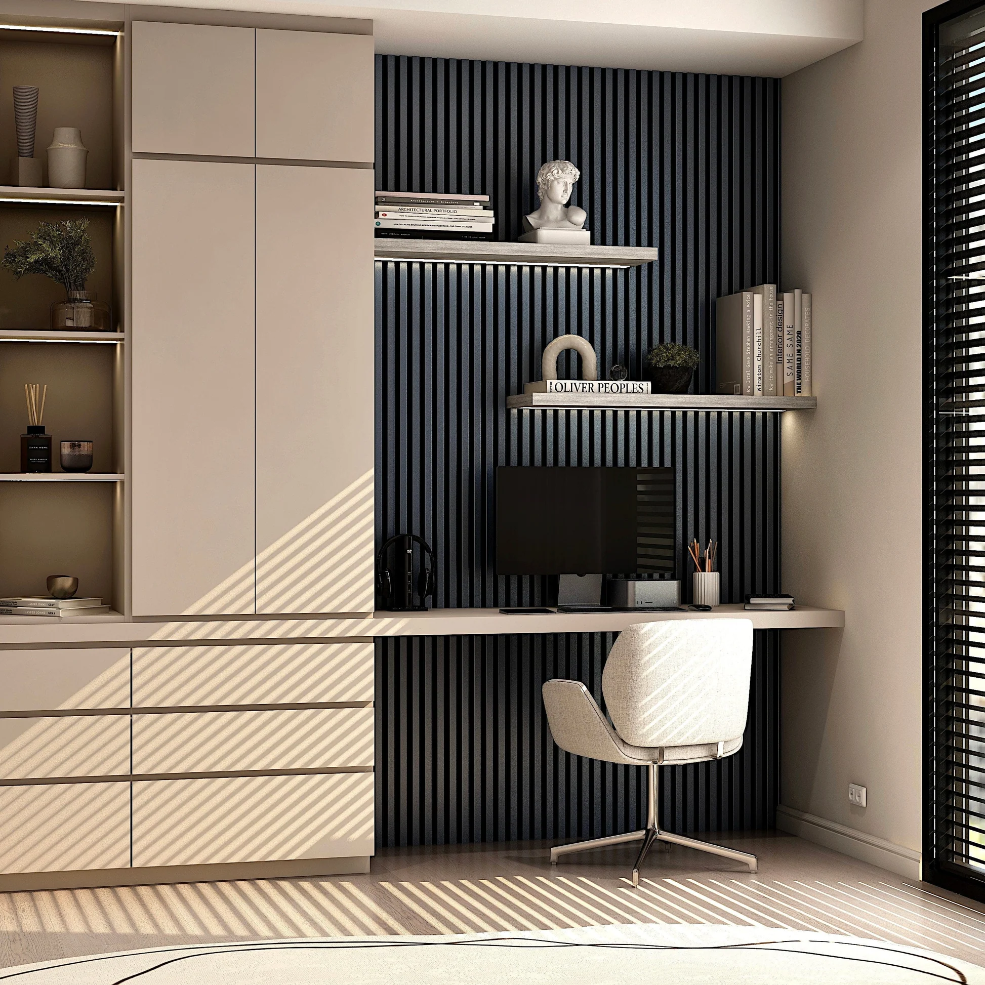 acoustic sound dampening slat wall in home office