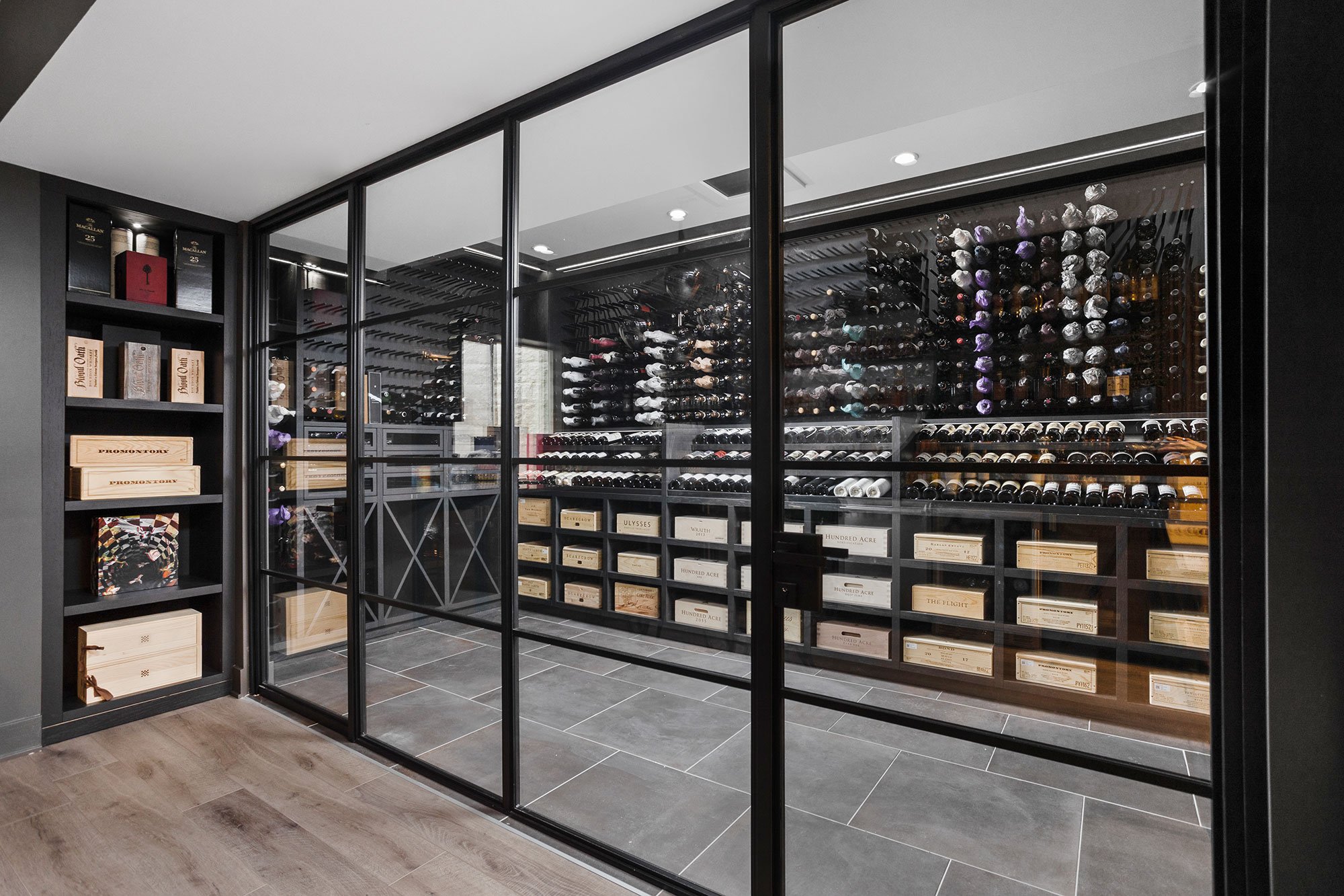 glass enclosed basement wine cellar